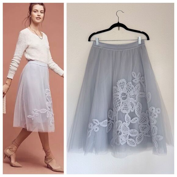 Anthropologie Dresses & Skirts - NWT Anthropologie Maeve Fleurs Du Nuit Embroidered Tulle Midi Skirt in Silver M